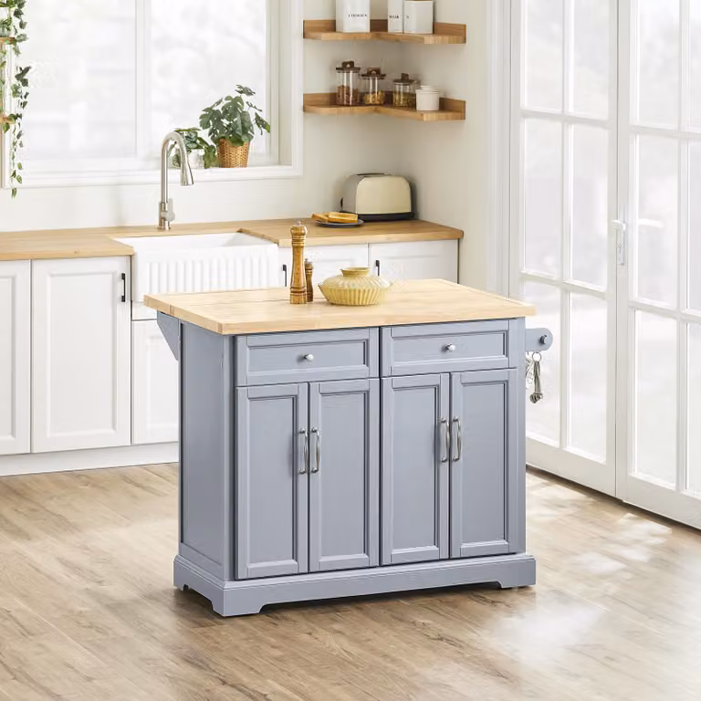 SoBuy Keukenwagen met laden en opklapbare zijvleugels, grijs mobiel keukeneiland met wielen, Scandinavisch design, FKW71-HG