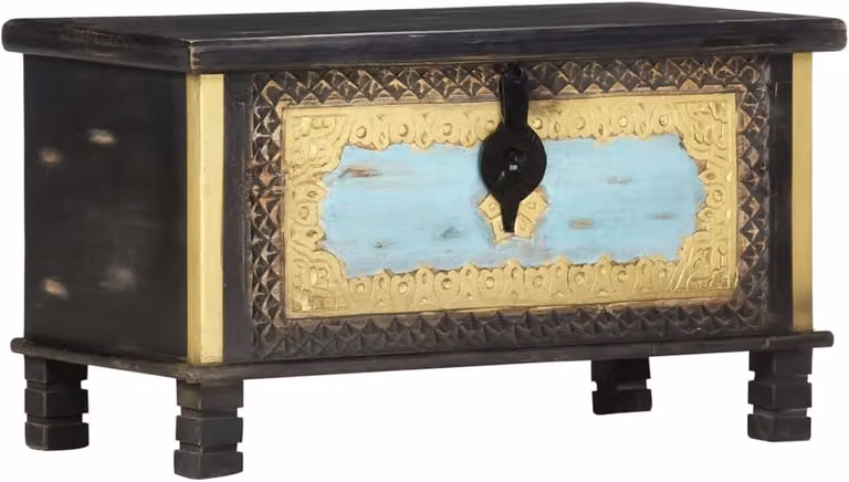 Decoratieve houten schatkist met handgesneden metaalwerk en slot - Zwart - Breedte: 80 cm