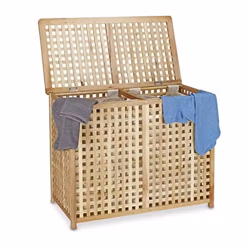 Relaxdays Duo wasmand met deksel en afneembare zakken, walnotenhout, bruin, H x B x D: 87,9 x 150 x 46,1 cm
