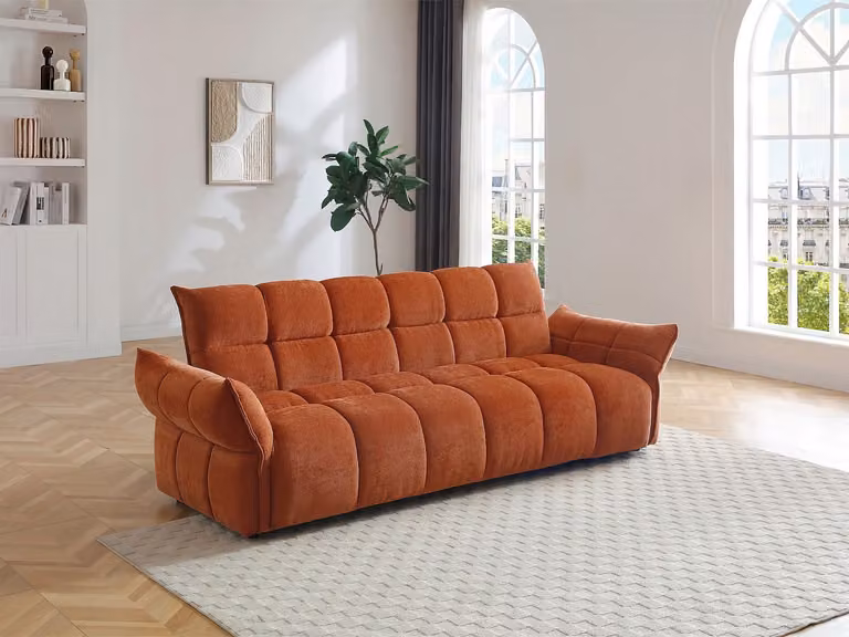 HAKEMO Driezitsslaapbank clic-clac in terracotta chenille stof met verstelbare armleun Breedte: 250 cm, Diepte: 85 cm, Hoogte: 90 cm