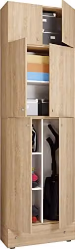 VCM Lona multifunctionele bezemkast met lade en 6 vakken, bruin eiken, H 240 x B 70 x D 39 cm