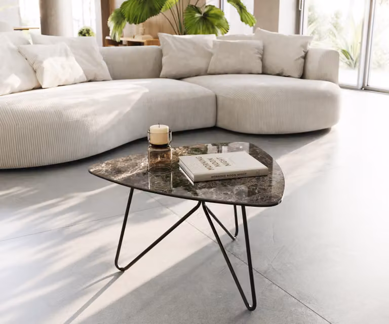 DELIFE Woonkamertafel Ekrem met keramiek blad in Emperador extra Lucidato donkerbruin en zwart metalen hairpin onderstel, B/D/H: 65 x 65 x 66,5 cm
