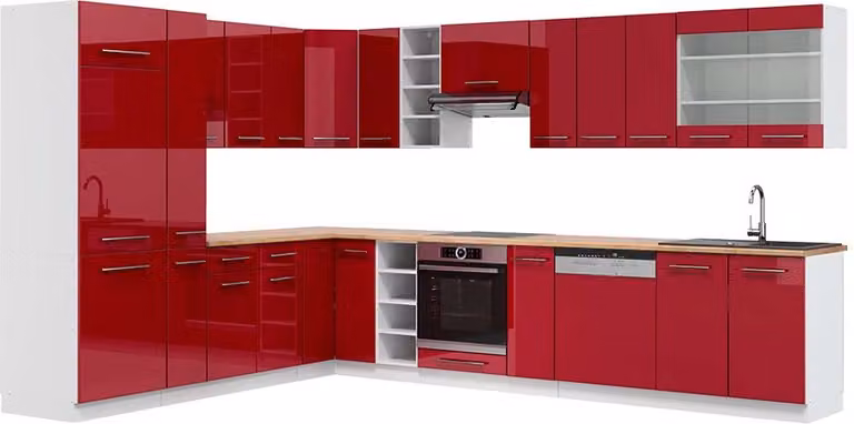 Vicco Fame-Line Hoekkeuken Bordeauxrood hoogglans en Wit met Eiken details, Model 47307, 347 x 257 cm