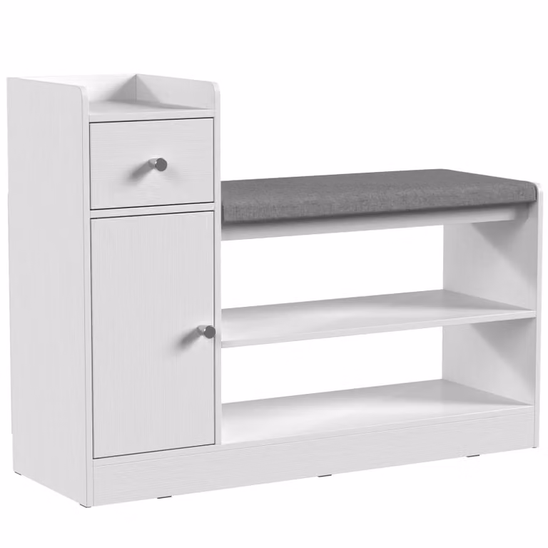HOMCOM Schoenenbank met zitkussen, lade en open vakken, wit, B/D/H: 90 x 29,8 x 67,8 cm