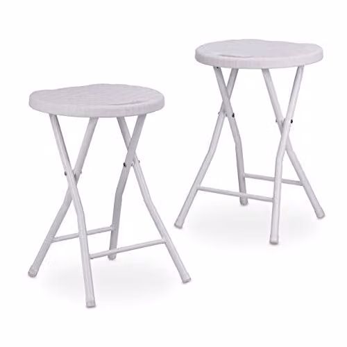 Relaxdays BASTIAN Klapkruk set van 2, ronde tuinkruk met metalen frame en kunststof zitting, wit