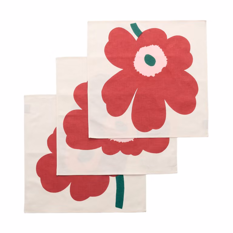 Marimekko Unikko stoffen servetten, Off white-cranberry-rose, 3-pack, 45 x 45 cm