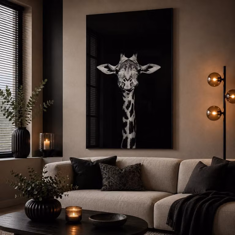 Countryfield Modern Glaskunst Schilderij Giraffe - Zwart/Wit - B: 120 cm, H: 80 cm