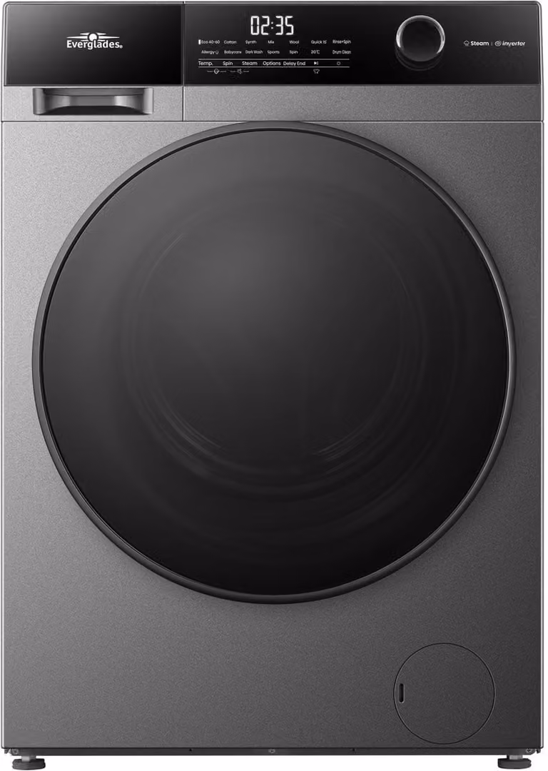 Everglades EVWM101422AG Zuinige Wasmachine, 10KG, A Klasse, Stoomfuncties/Allergie+, Koolborstelloze Motor, Zeer Stil 72dB, Titanium Grijs