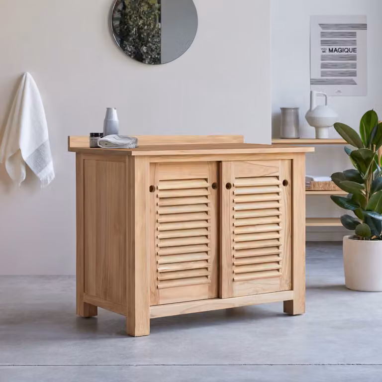 Tikamoon Opbergmeubel van massief teak met schuifdeuren en lades, Bruin, B: 95 cm, D: 57 cm, H: 80 cm