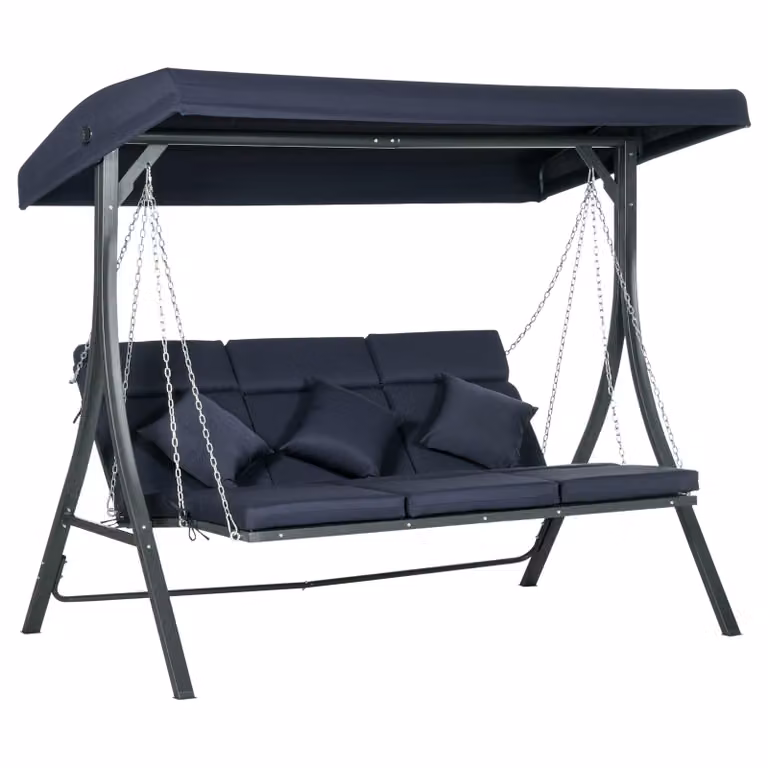 Outsunny Hollywood schommel voor 3 personen met verstelbaar zonnedak, donkerblauw, B/D/H: 198 x 118 x 168 cm