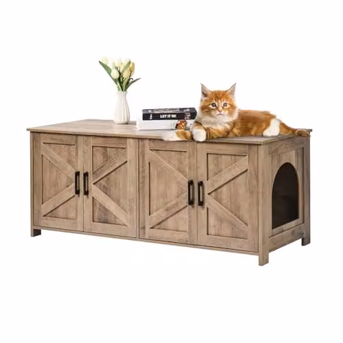 VEVOR Kattenbakbehuizing voor 2 katten, Houten Kattenbakkast met Dubbele Kamers, Beige, B: 48 cm, D: 100 cm, H: 49 cm