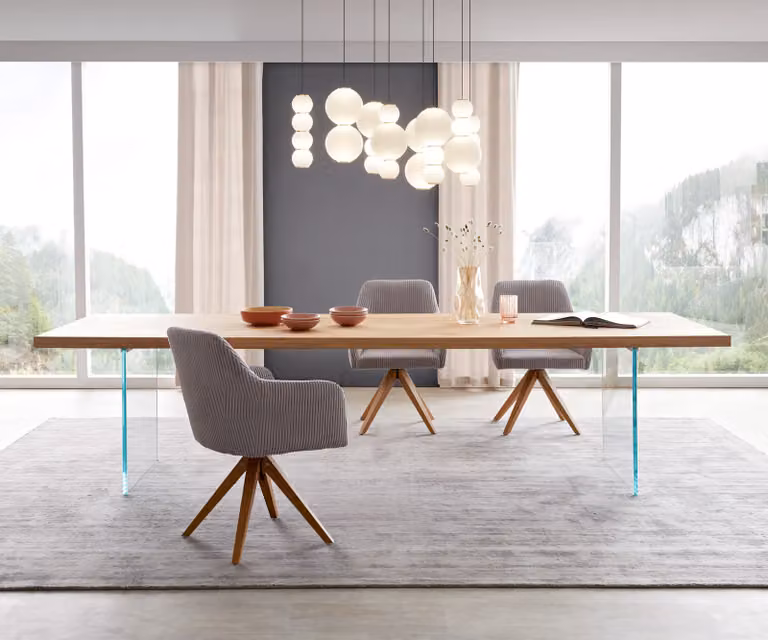 DELIFE Eettafel Edge modern met eiken houten onderstel en glazen blad, Bruin/Transparant, B: 300 cm, D: 100 cm, H: 76 cm