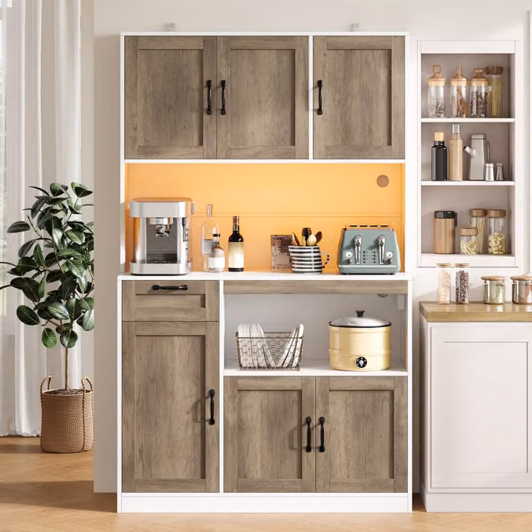 OKWISH Keukenwandkast met RGB-verlichting, stopcontacten en USB-poort, 6 deuren en 1 lade, Natuurlijke stijl