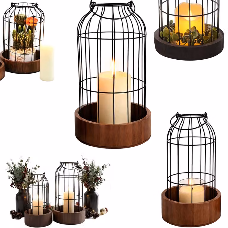 Set van 2 Romantische Kandelaars Vogelkooi met Houten Basis, Brons