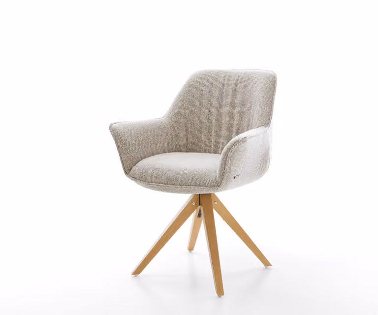 Eetkamerstoel Keila-Flex met armleuning, houten frame natuur, geweven stof beige, 360 graden draaibaar