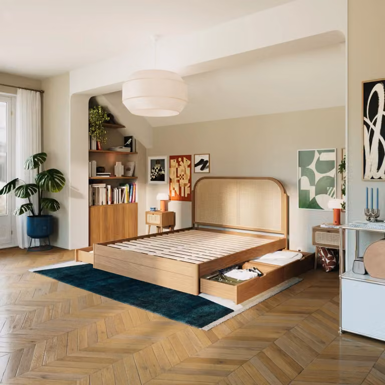 Hypnia Java rotan bed met lades in bruin en boho stijl