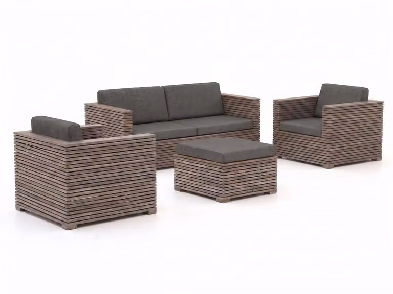 ROUGH Furniture Loungeset voor 4 personen, Grijs/Antraciet, Teak met Outdoor Stoffen en Kussens