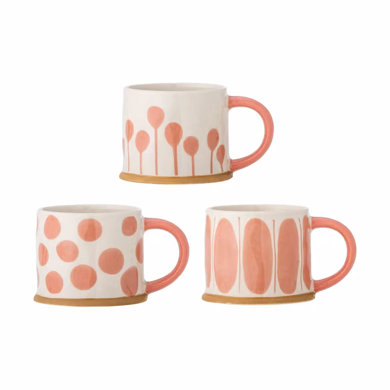 Bloomingville Linora mok 3-pack keramiek roze met bloemenpatroon 450 ml