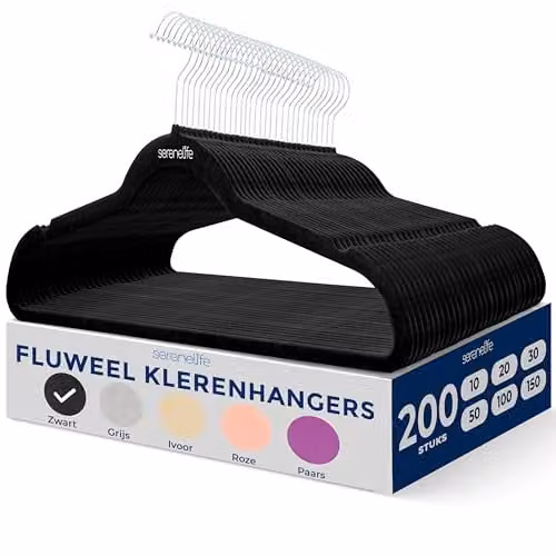SereneLife Antislip Fluwelen Kleerhangers Set - 200 Stuks - Zwart