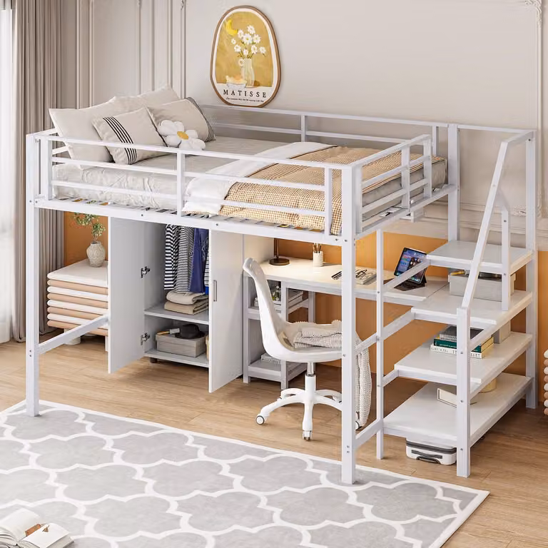MODFU Hoogslaper met bureau, kledingkast en opbergruimte, Wit, B/D/H: 140 x 200 cm