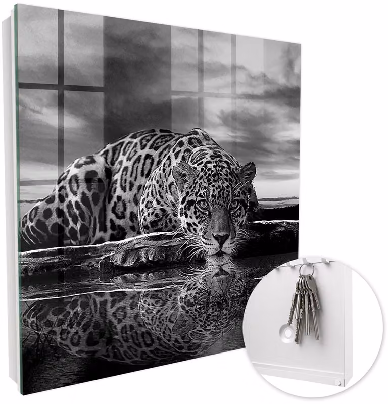 Coloray Sleutelbox Jaguars In Het Water met 50 haken - Zwart-Wit - B/D/H: 30 x 30 x 5 cm