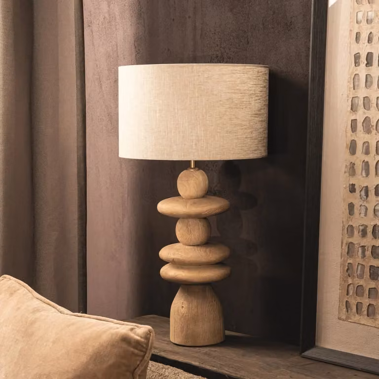 Callain Tafellampvoet van Mango Hout - Rond - Bruin/Beige - Hoogte: 45 cm, Breedte: 20 cm, Diepte: 20 cm