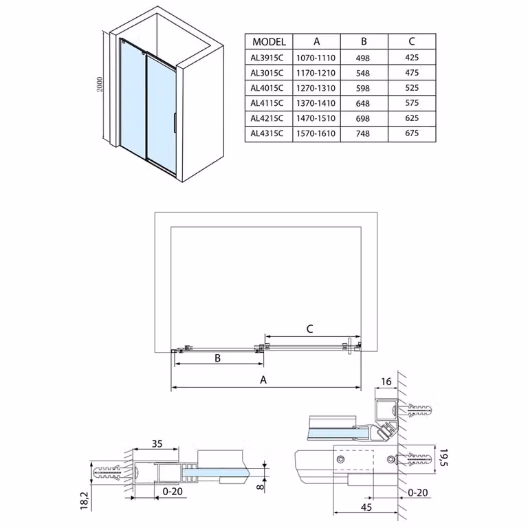 Polysan ALTIS schuifdeur met helder glas, Breedte: 1470-1510 mm, Hoogte: 2000 mm