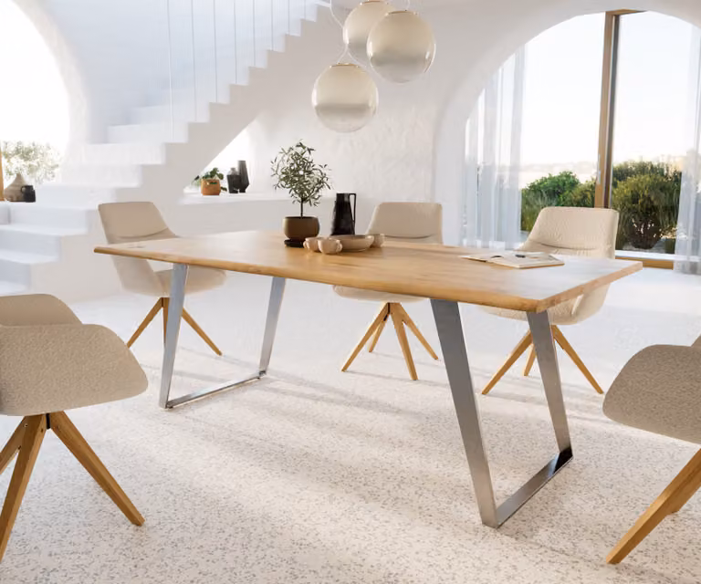 DELIFE Eettafel Edge met Live-Edge eikenhout en roestvrij stalen onderstel, Bruin/Zilver, B/D/H: 200 x 100 x 73,5 cm