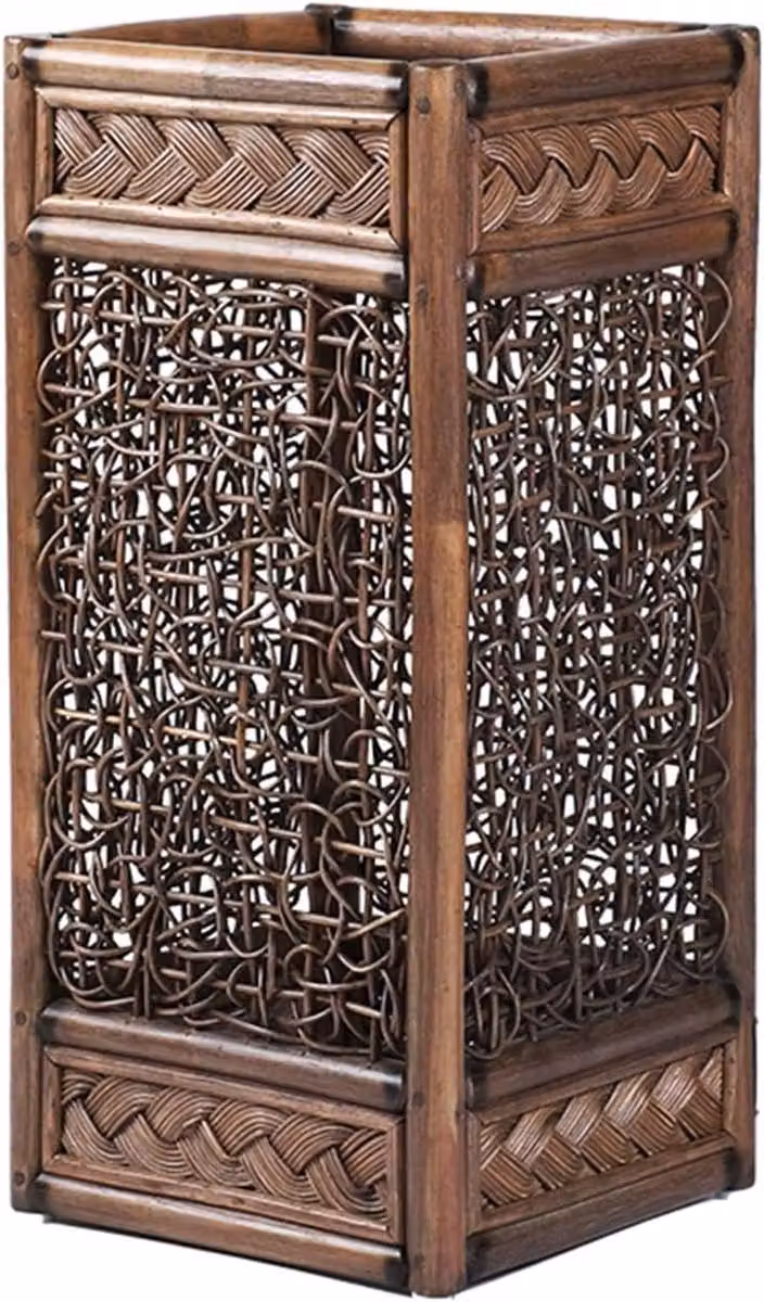 Bruine handgeweven rattan paraplustandaard en wandelstokhouder voor het organiseren van je entree, 27 x 27 x 60 cm