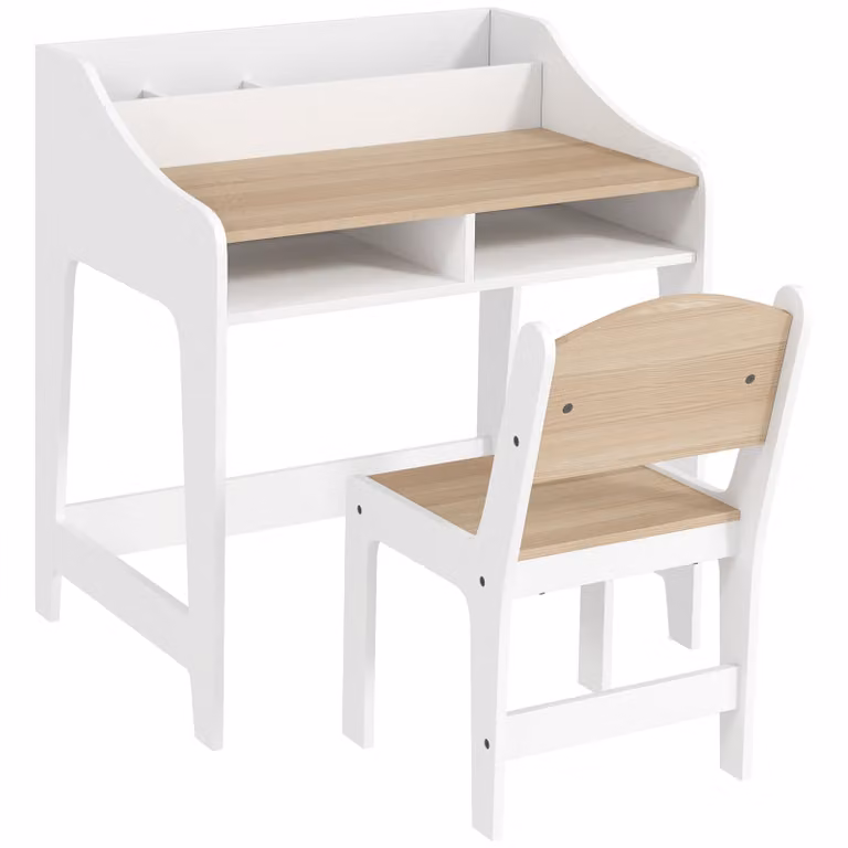 AIYAPLAY Kinderschrijftafel met Stoel en Opbergvakken, Natuur, B: 60 cm, D: 48 cm, H: 68 cm
