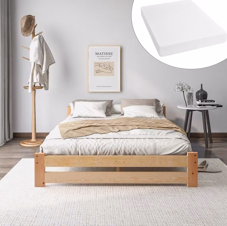 Mivray Massief Houten Tweepersoonsbed met Hoofdbord en Lattenbodem, Naturel, B/D: 140 x 200 cm