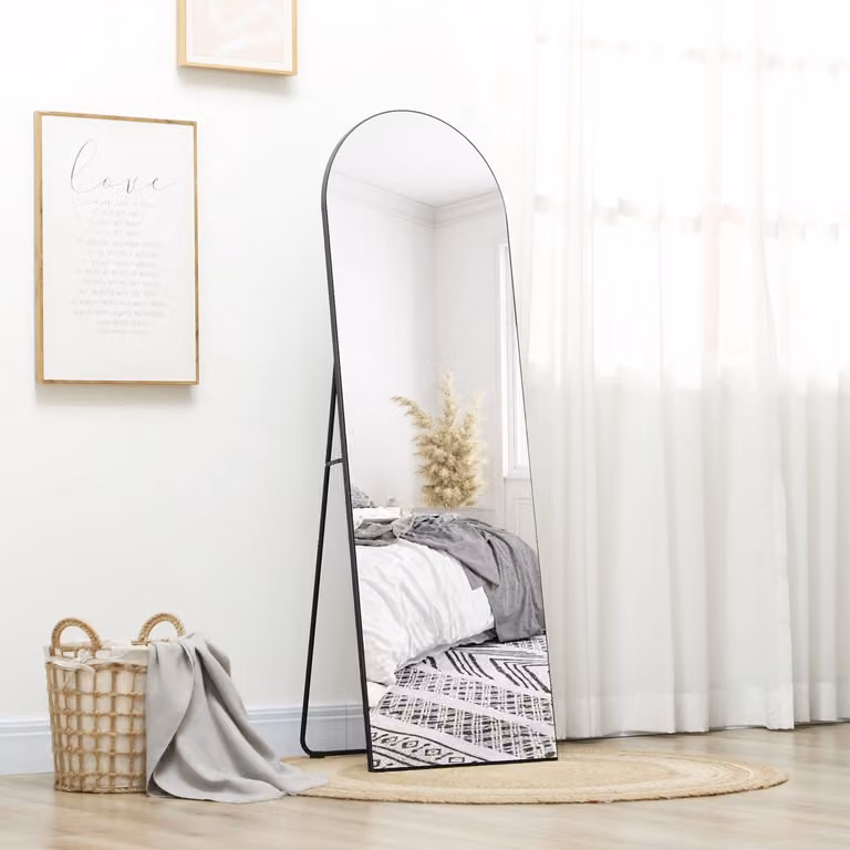 OKWISH Staande Spiegel met Halfrond Design en Splitterwerende Folie, Zwart, 150 x 50 cm