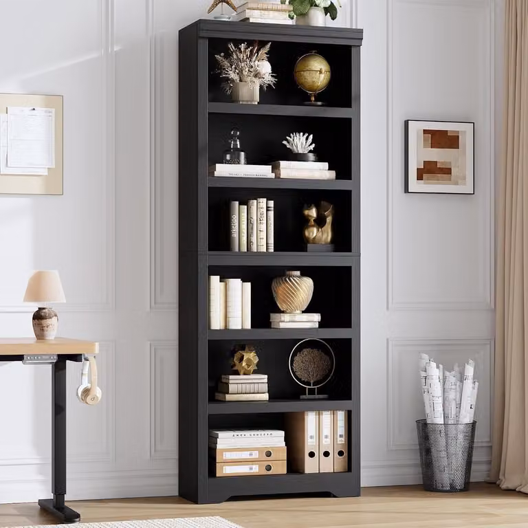 Vintage Hoge Boekenkast met 6 Lagen en Verstelbare Planken, Zwart, B/D/H: 60 x 29,5 x 190 cm