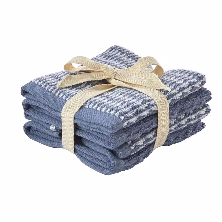 Set van 4 blauwe washandjes voor volwassenen met dubbel gestikte naden