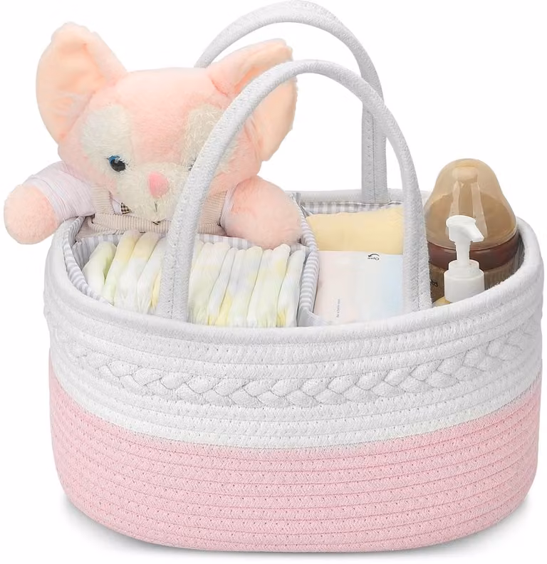 Opbergset van gevlochten katoenen touw, roze-witte opbergmand voor baby's