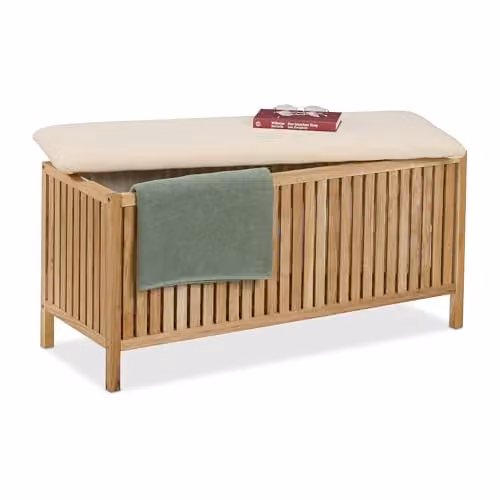 Relaxdays Rustiek Houten Bankje met Textiele Mand voor Badkamer of Slaapkamer, Walnoot/Beige/Wit