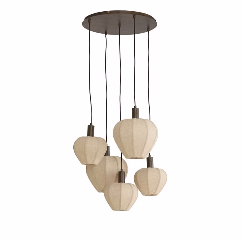 Light & Living Huxi Japandi hanglamp, 5-lichts, bruin en beige, B: 76 cm, H: 144 cm
