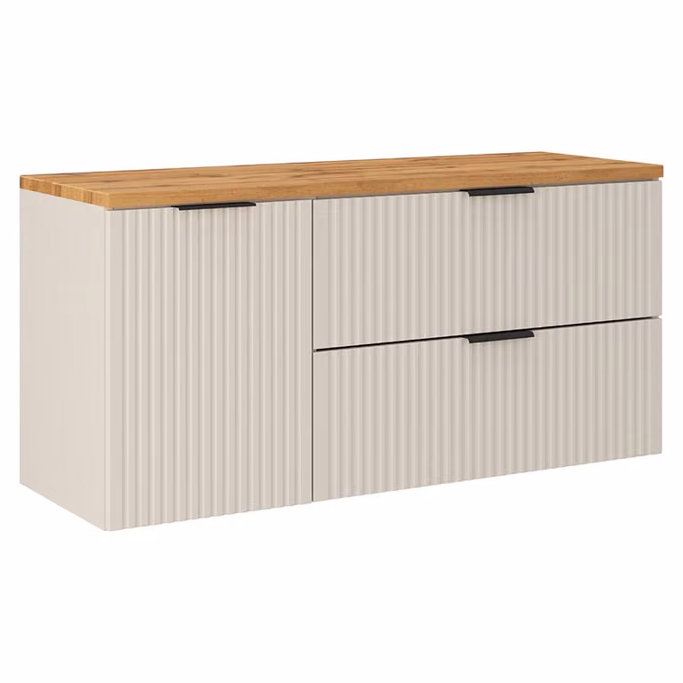 Lomadox Badkamerwastafelkast met gegroefd front en wasmand in kasjmier en eikenhout, Breedte: 120 cm