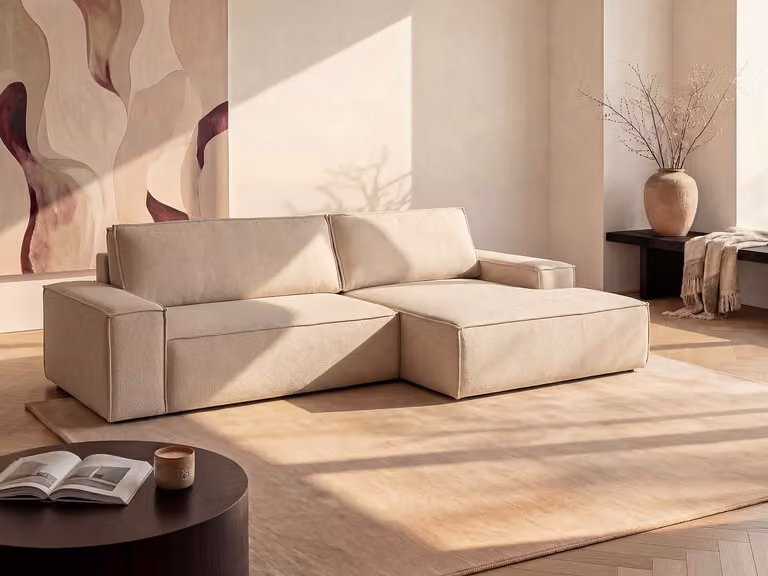 Moderne beige hoekslaapbank met textiel met slaapfunctie en afneembare hoezen B/D/H: 267 x 113 x 85 cm