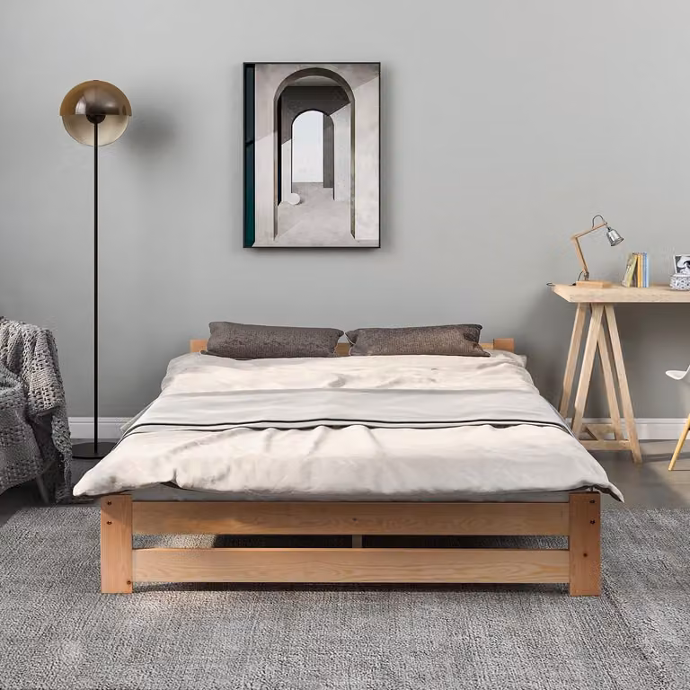 Massief houten tatamibed met hoofdeinde en lattenbodem in houtkleur, B/D: 140 x 200 cm