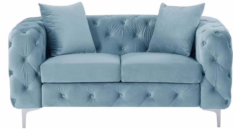 EDWINA Driezits Chesterfieldbank in pastelblauw velours met afneembare hoezen en sierkussens