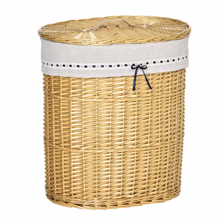 HOMCOM Wasmand Ronde handgeweven wilgentenen wasmand met deksel en uitneembare waszak, natuurkleur, B/D/H: 51 x 38 x 57 cm