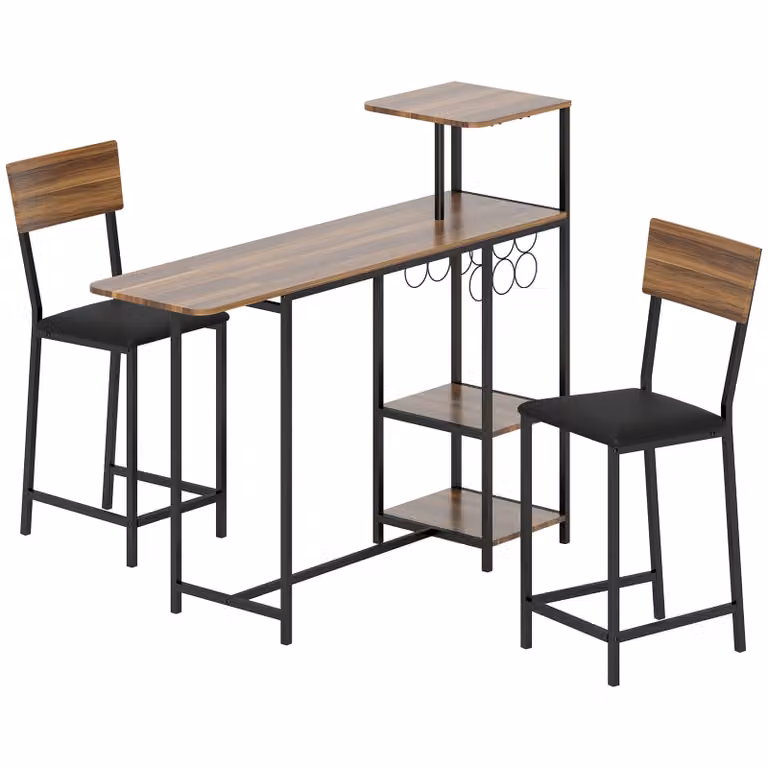 HOMCOM 3-delige barset met uitklapbare bartafel, wijnrek, glazenhouder en 2 stoelen, bruin zwart
