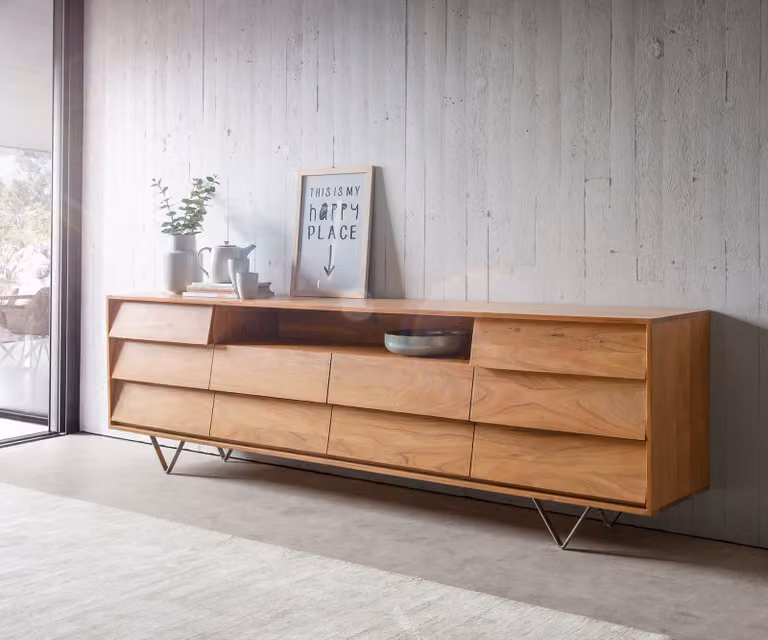 DELIFE Dressoir Eloi Acacia Natuur met 2 Deuren en 6 Laden, Bruin met RVS V-poten, B: 240 cm, D: 40,5 cm, H: 65 cm