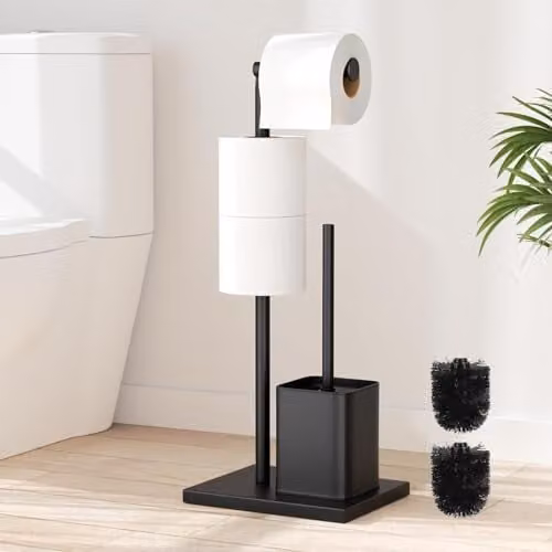 Staande toiletrolhouder met wc-borstel en reservehouder, RVS, Matzwart