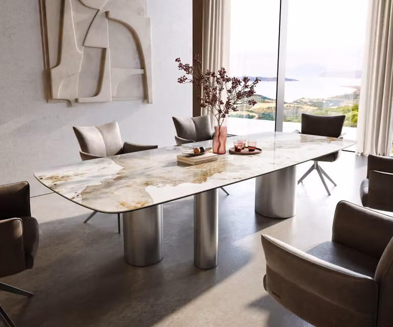DELIFE Eettafel Edge Boot, Ovaal Keramiek, Wit-Beige en Zilver, B/D/H: 215 x 120 x 76 cm