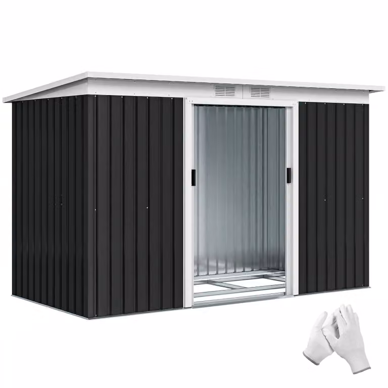 Outsunny Metalen Tuinhuis met Fundering, Weerbestendig Verzinkt Plaatstaal, Schuifdeuren en 2 Ventilatieroosters, Donkergrijs, B/D/H: 277 x 130 x 173 cm