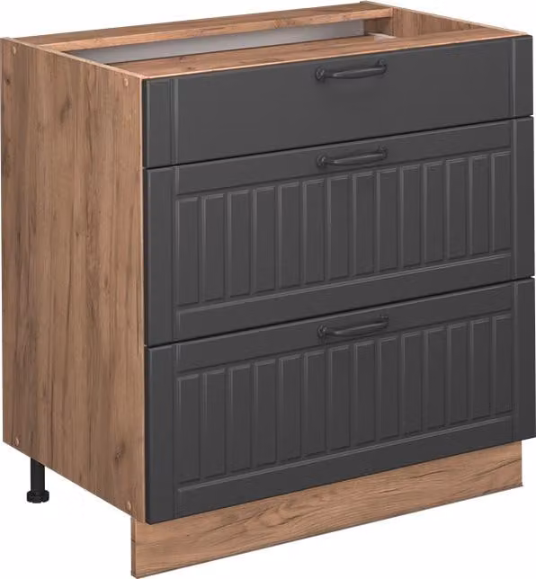 Vicco Keukenonderkast Fame-Line Donkergrijs met 3 laden en Eiken look, Breedte: 80 cm