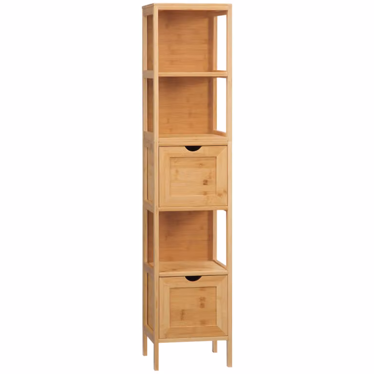 Kleankin Hoge badkamerkast van bamboe met deuren en open schappen, B/D/H: 30 x 30 x 140 cm