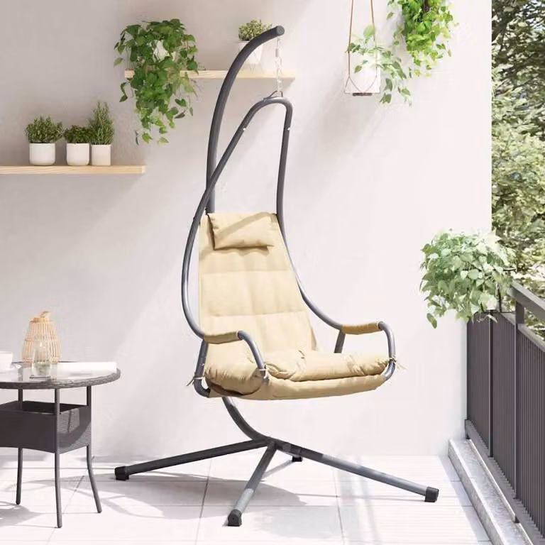 Beige opvouwbare hangstoel met standaard en kussen voor in de tuin of woonkamer, belastbaar tot 110 kg